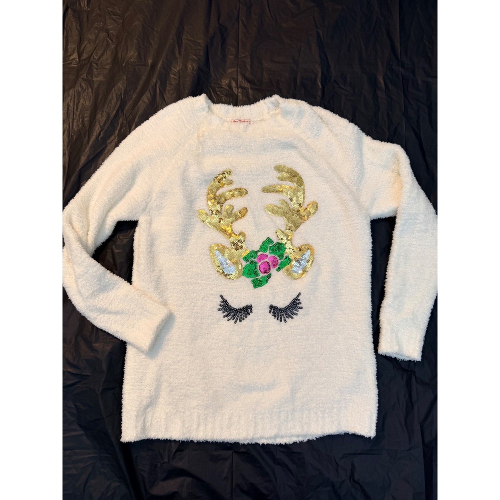 Merry Christmas by Poof White Fuzzy Reindeer Sequin Sweater Medium 254579